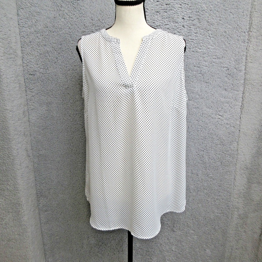 Adrianna Papell Polka Dot Blouse Women L White Sleeveless V Neck Office Career